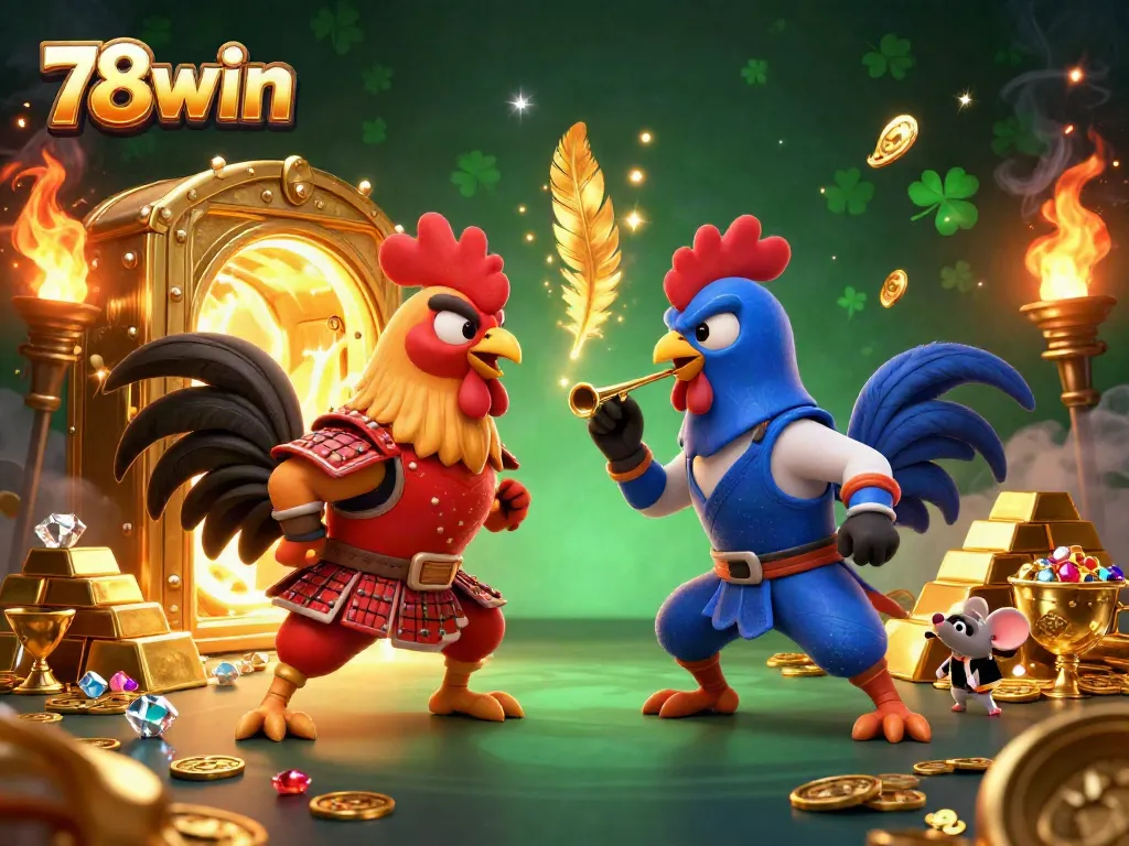 Experience thrilling clashes at 78win with vibrant cartoon roosters in a dynamic casino scene.
