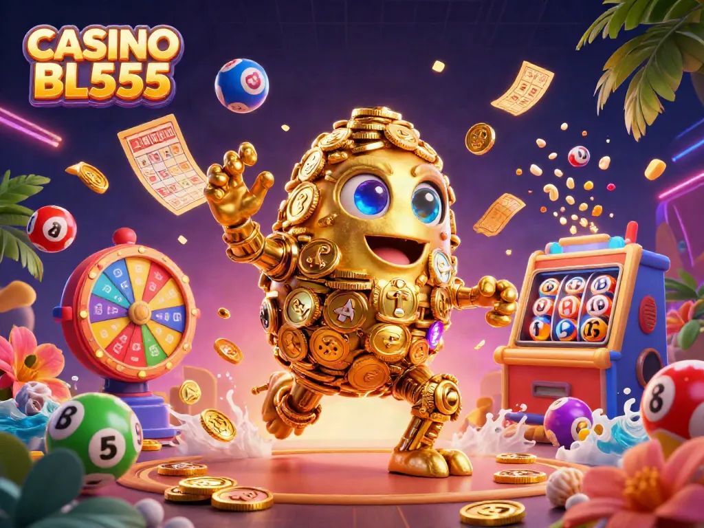 Experience the vibrant atmosphere of CASINO BL555 with a dynamic 3D golden golem and lottery elements.