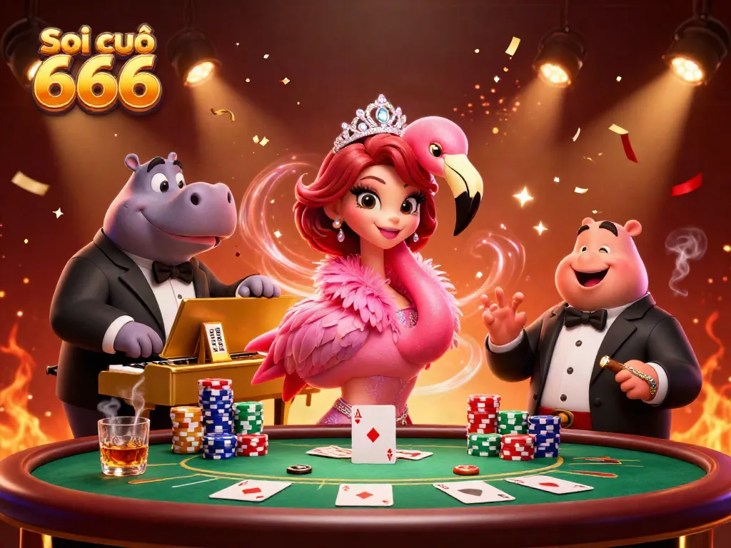 Soi cầu 666 displays a vibrant 3D illustration of a flamingo singer and hippo bassist at a casino piano, surrounded by energetic gameplay elements.