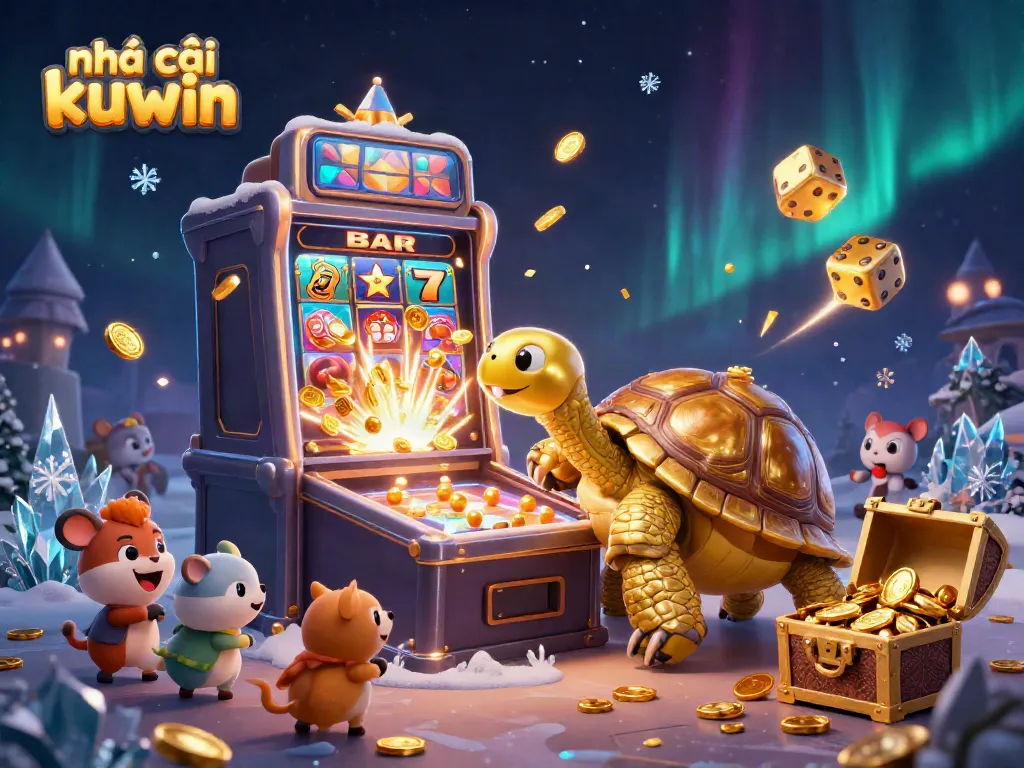 Experience the excitement at nhà cái kuwin with a vibrant casino-themed scene featuring a colossal golden tortoise pinball machine and slot machine jackpot!