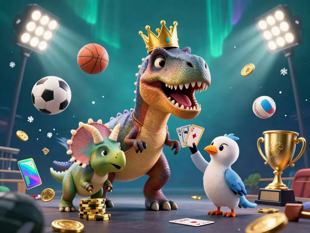 Engage with lc88's thrilling casino scene featuring a playful T-Rex, pterodactyl, and triceratops around vibrant gaming elements.