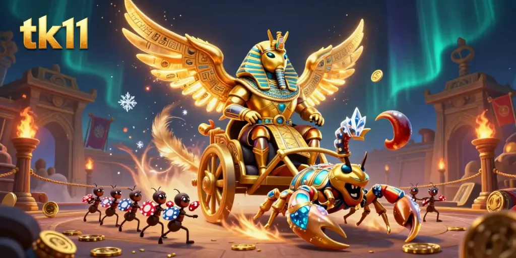 Engage in thrilling games with tk11's spectacular golden beetle and scorpion scene.