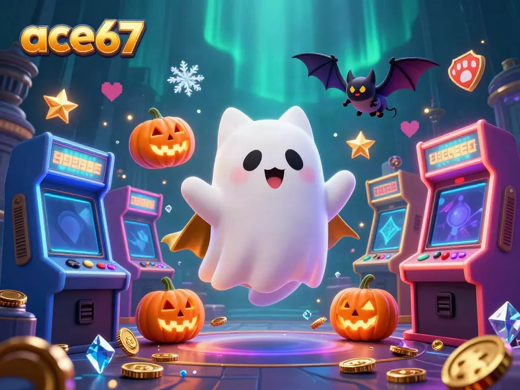 Engage in thrilling gaming action with ace67, featuring a friendly ghost cat and glowing arcade elements.