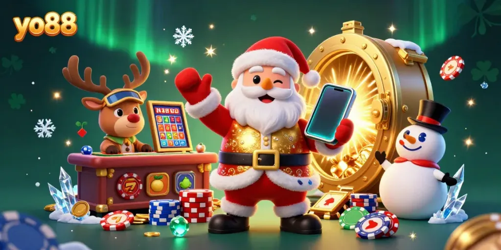 Join Santa Claus and his reindeer at yo88, celebrating jackpots amidst vibrant casino elements.