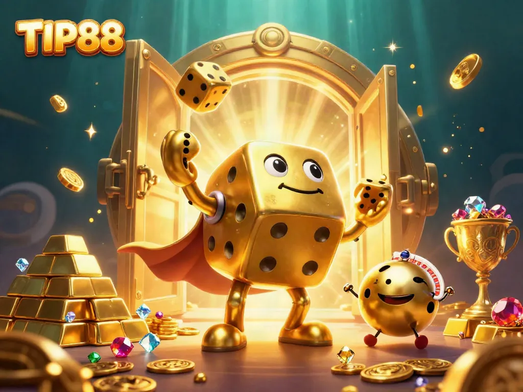 Experience excitement at TIP88 with vibrant casino elements and dynamic characters in a 3D illustration.