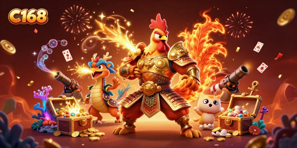 C168 champions ignite the casino spirit with a roaring dragon and samurai rooster in a vibrant online gaming battle.