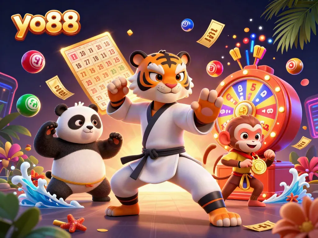 Experience the thrill of yo88 with playful characters and lottery elements in a vibrant casino scene.