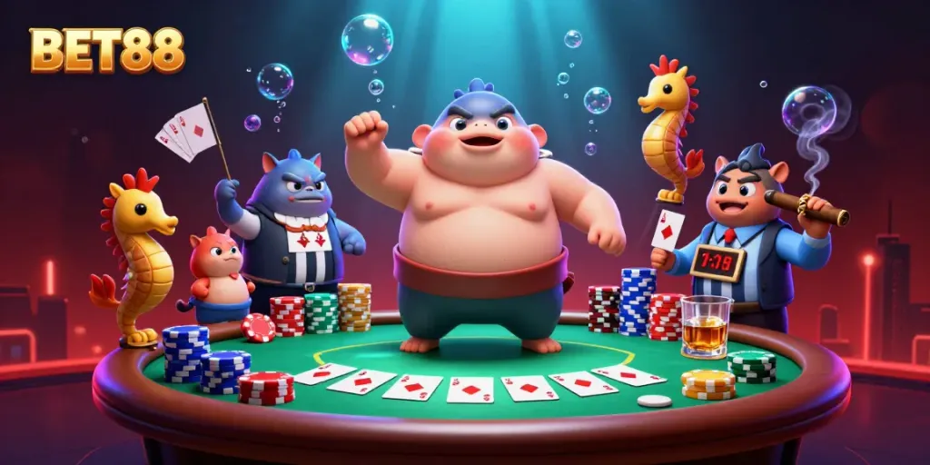 BET88 celebrates online gaming with a dynamic underwater poker scene featuring exciting characters and elements.