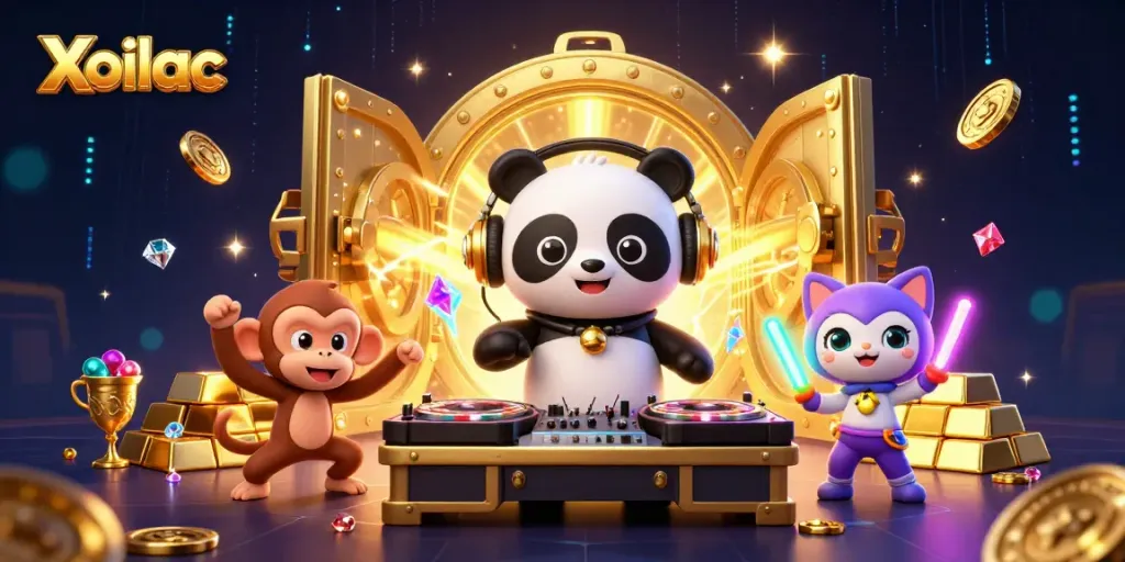 Xoilac DJ panda spins roulette wheels, treasures and gems burst dynamically in a vibrant scene.