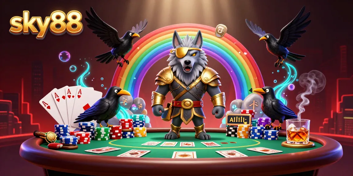 Experience exciting gameplay with sky88's vibrant 3D casino scene featuring poker action and mythological characters.