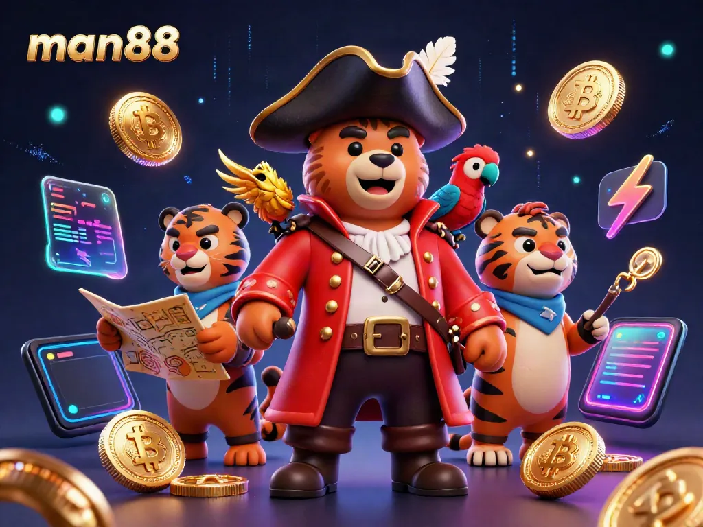 The man88 online casino scene showcases a playful pirate bear, fierce tiger, and gleaming gold coins.