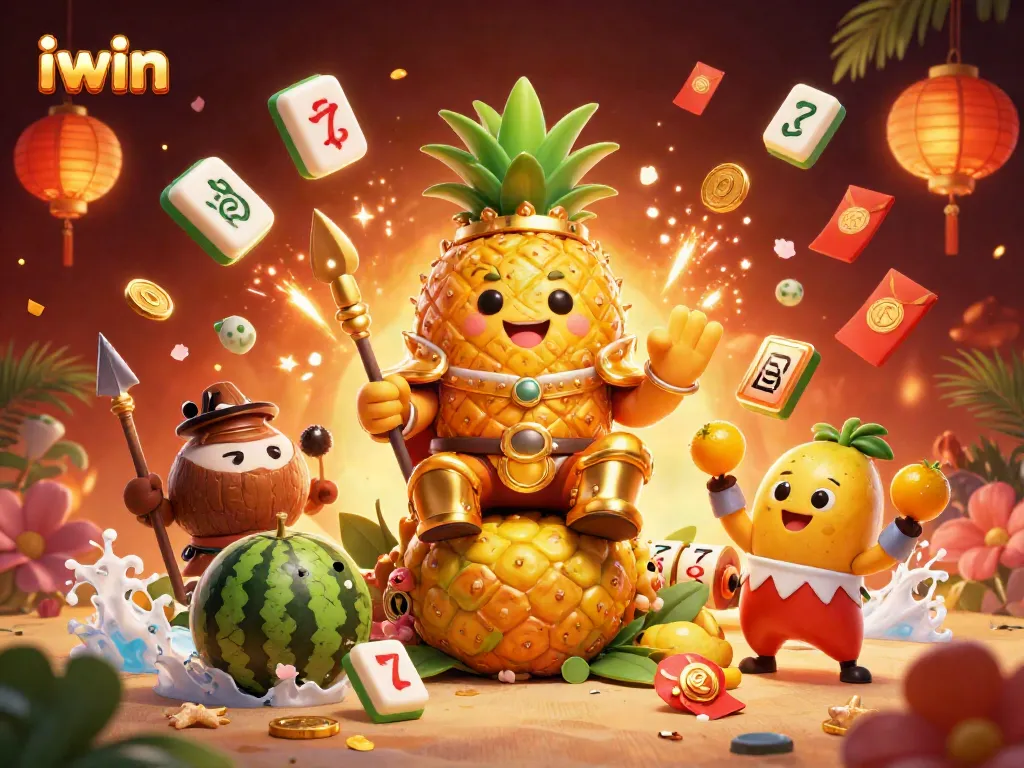 iwin's vibrant casino adventure features a golden pineapple king and playful characters surrounded by dynamic gaming elements.