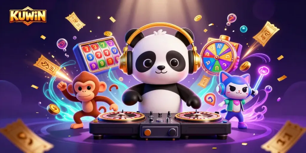 Kuwin offers thrilling gambling experiences with fun characters celebrating wins and exciting games.