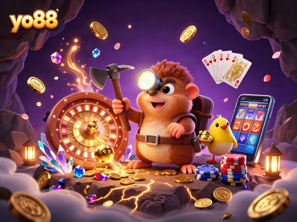 Experience thrilling gaming with yo88, where treasure hunter mole and canary collect riches in a vibrant casino.