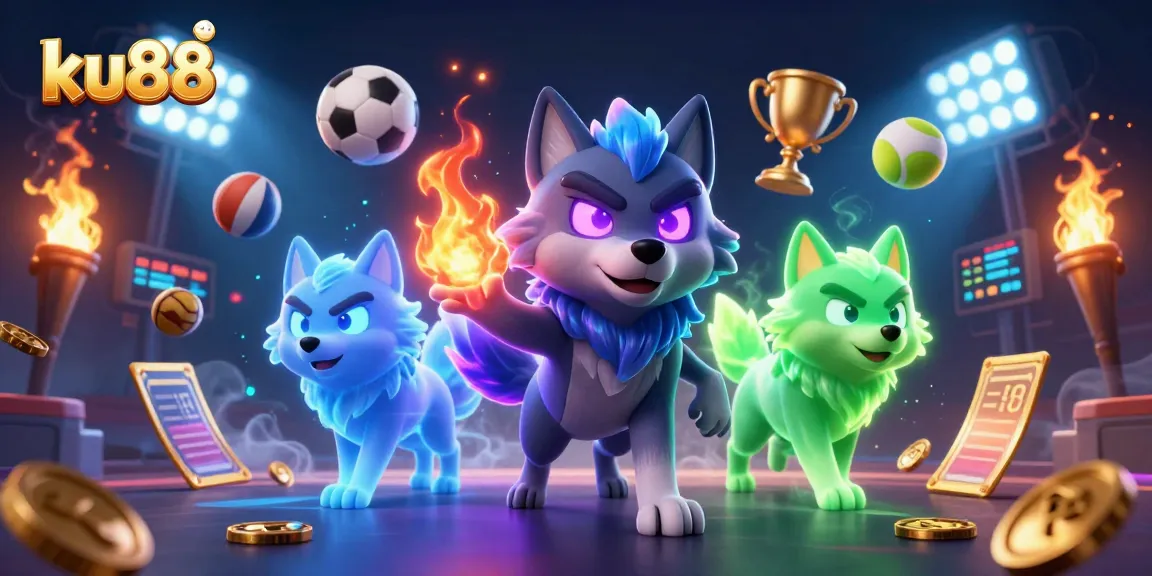 ku88 showcases an energetic scene with wolves and dynamic sports elements in a vibrant casino setting