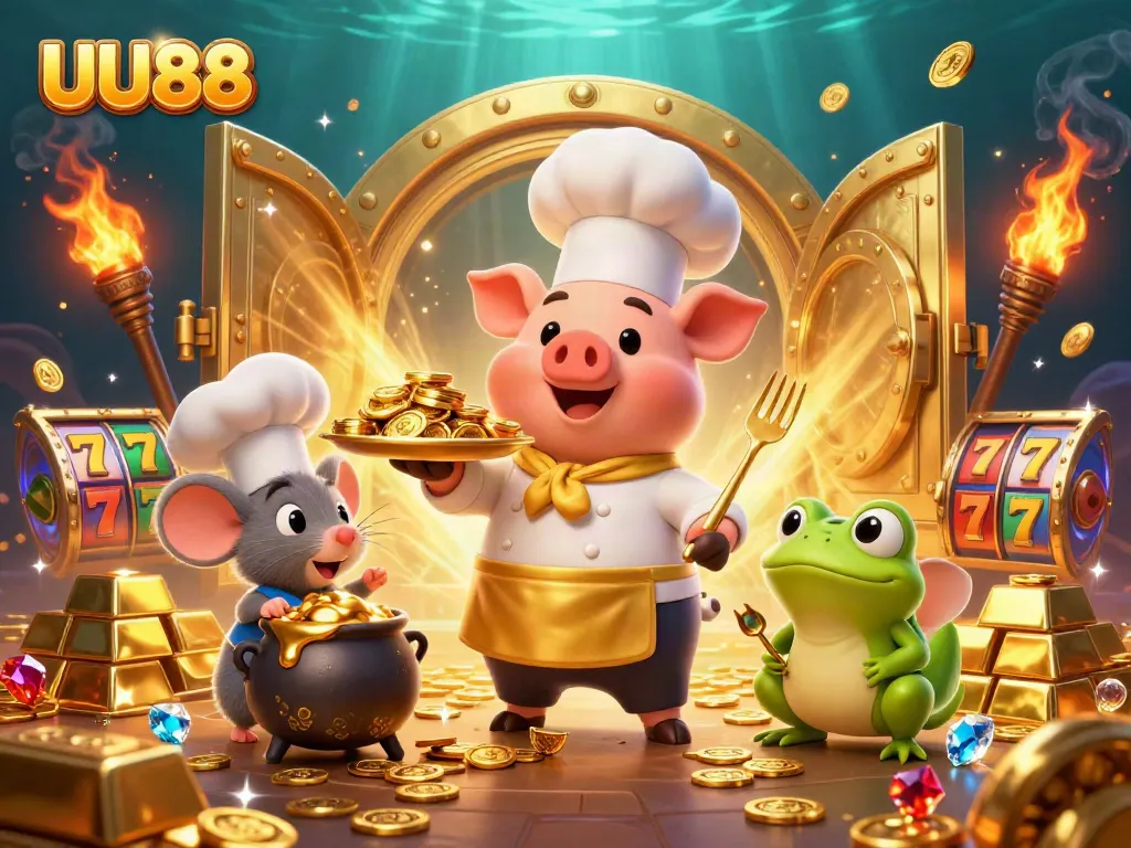 Witness UU88's golden winnings as a chef pig, sous-chef mouse, and critic frog celebrate rich casino treasures.