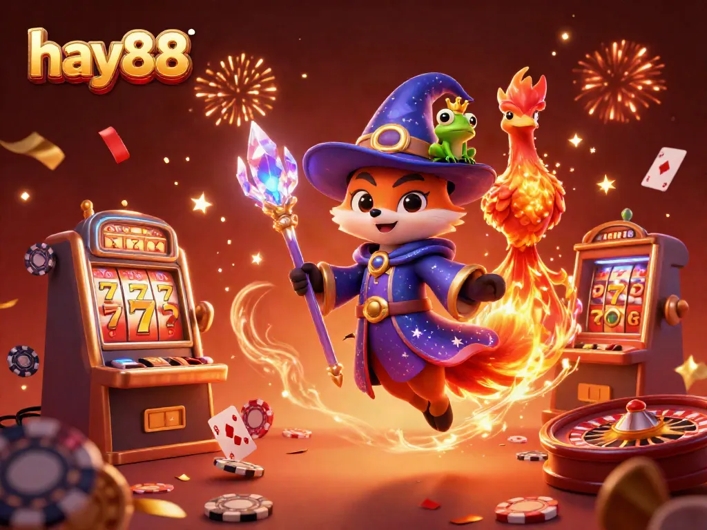 Experience the magic of hay88 with a wizard fox, phoenix, and dynamic casino elements.
