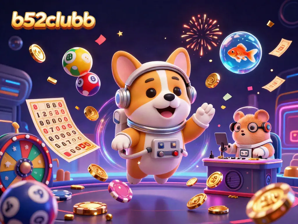 Experience thrilling games at b52clubb with an exciting 3D casino scene featuring vibrant action and floating characters.
