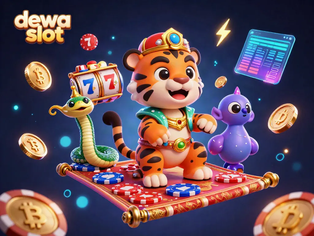 Experience dewa slot excitement with a vibrant 3D illustration featuring a tiger sultan amidst rich jackpot elements.