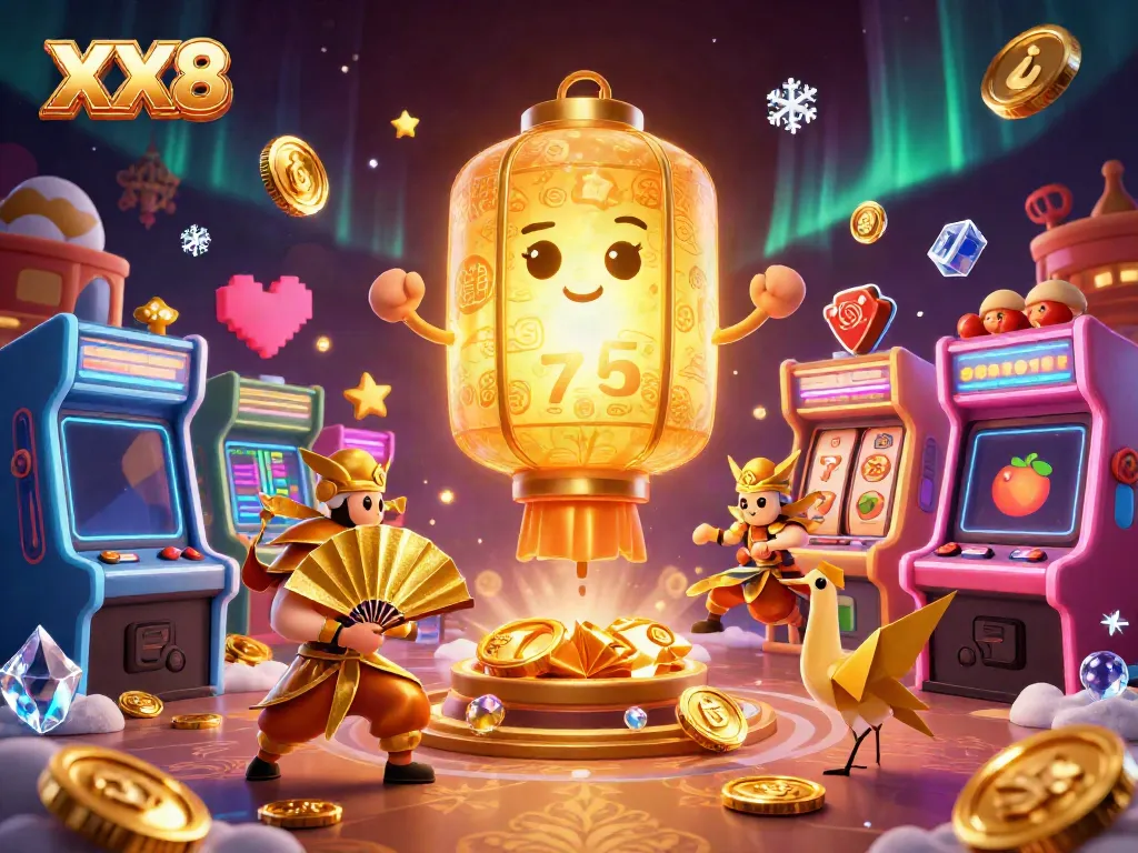 Engage with the enchanting world of XX8 featuring a golden lantern spirit and vibrant casino elements.