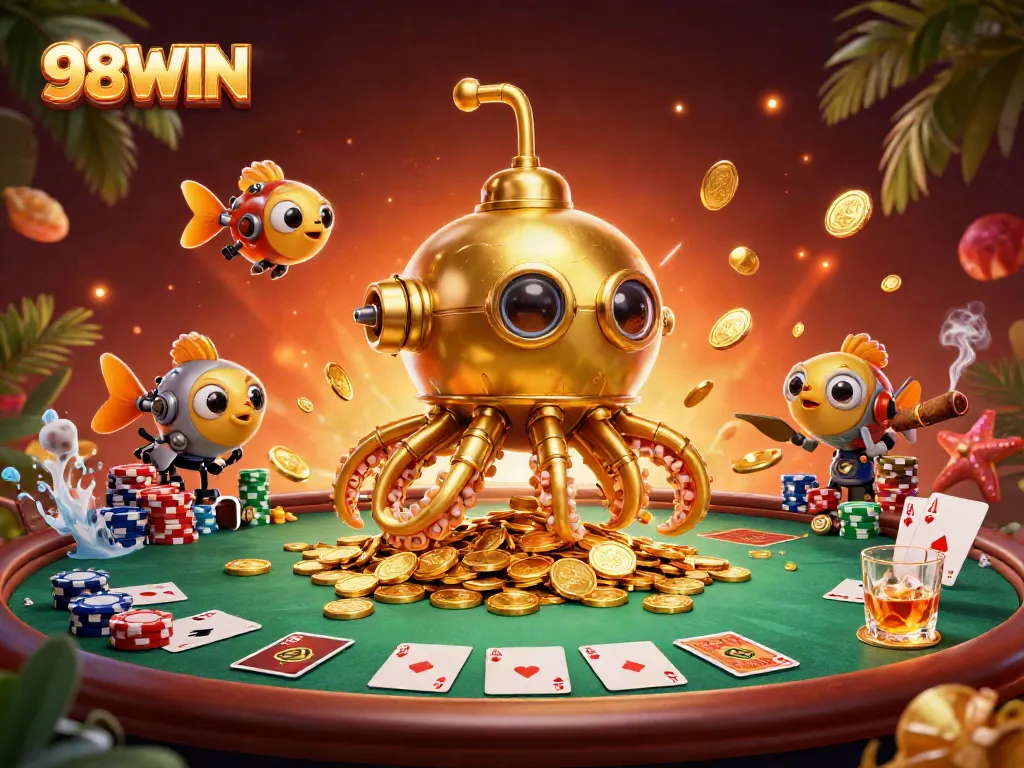 A 3D cartoon scene of 98WIN featuring a kraken submarine and poker elements amidst a golden backdrop.