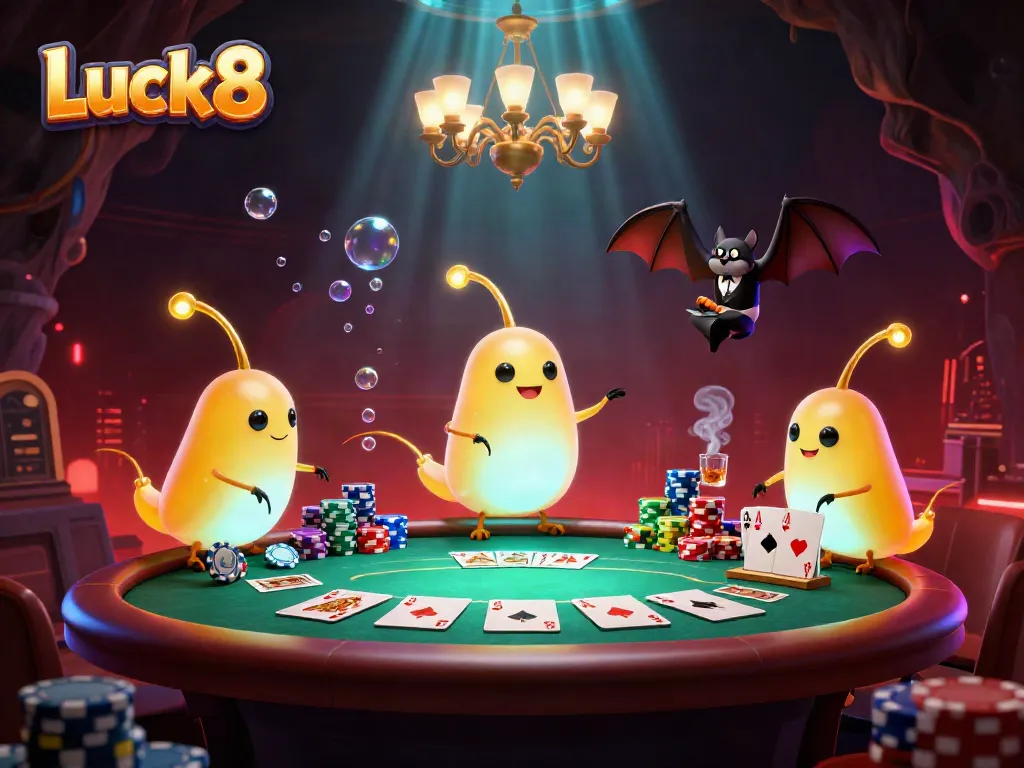 Luck8 illuminates a vibrant cave casino with glowworms and a bat dealer amidst poker action.