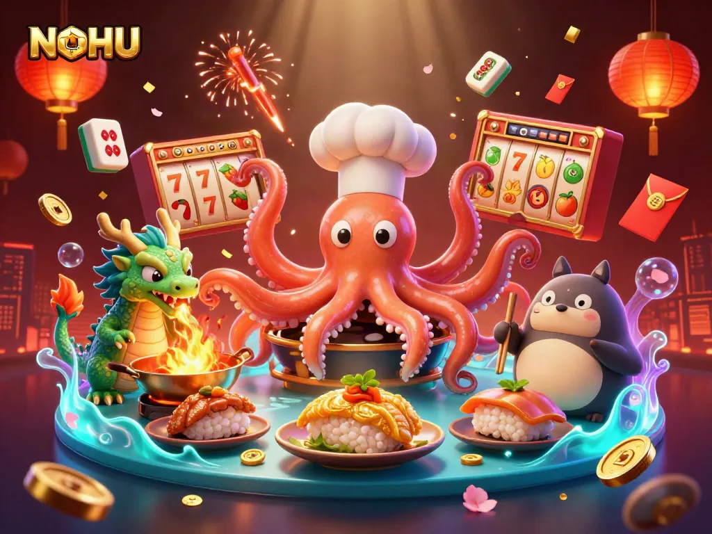 NOHU slots scene with an octopus chef, dragon, and tanuki amidst dynamic casino elements.