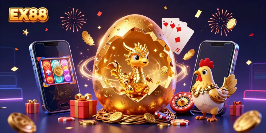 Experience the excitement of EX88 with golden game characters and dynamic casino elements in a vibrant celebration.