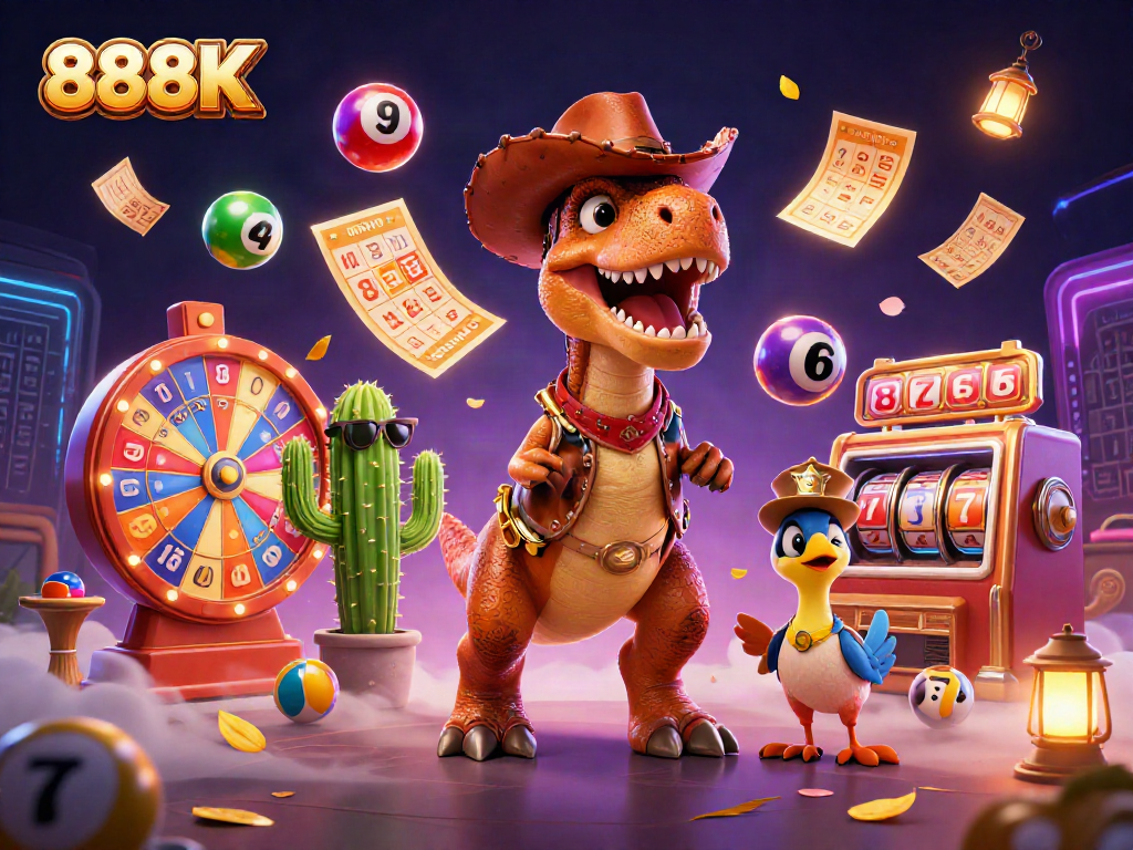 Win big with 888K as colorful lottery balls burst around a cowboy dinosaur and friends!