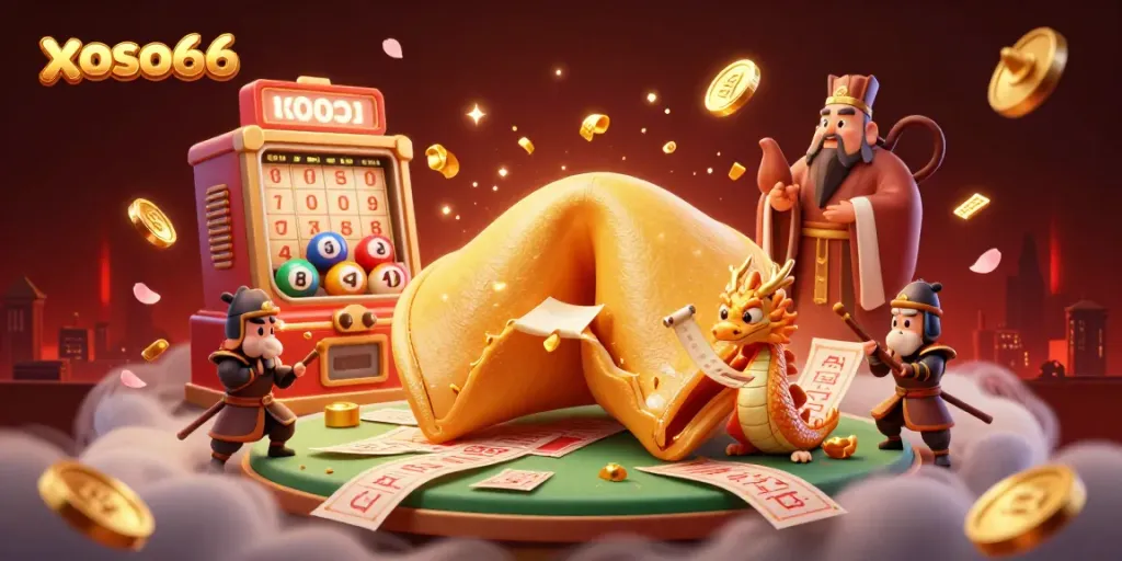 Engage with xoso66's vibrant lottery environment featuring a golden fortune cookie and a wise dragon.