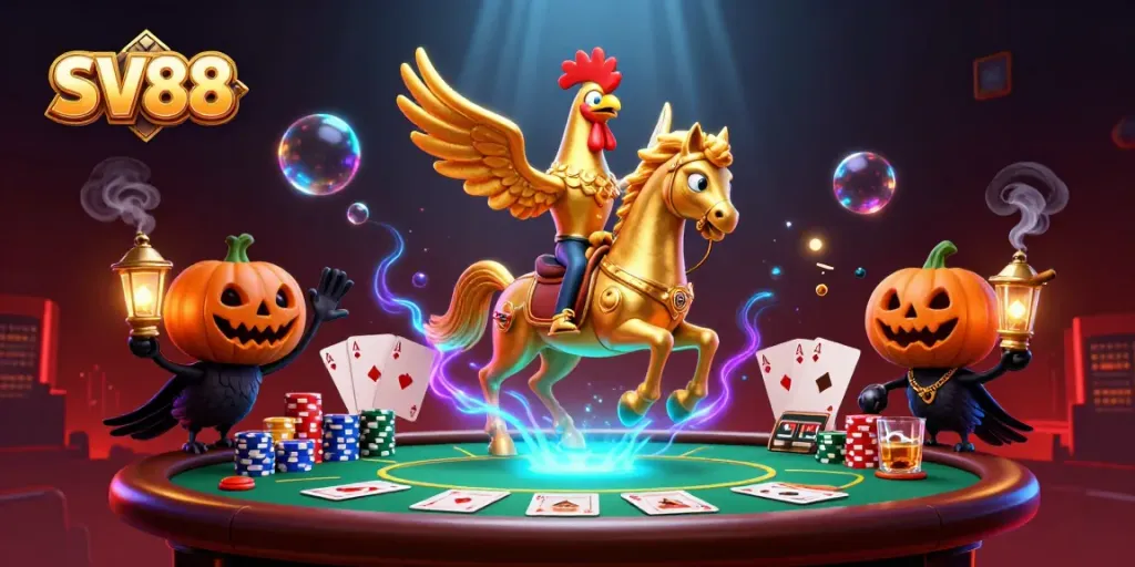 Experience the thrill of SV88 casino gaming with vibrant characters and dynamic poker elements.