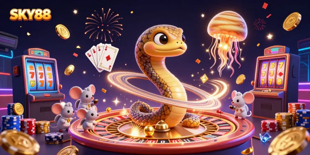 Select exciting games at SKY88 with vibrant cosmic characters and casino elements.