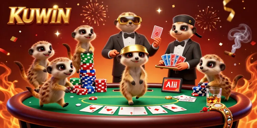KUWIN meerkats pit boss overseeing dynamic casino setup with poker chips and celebratory elements.