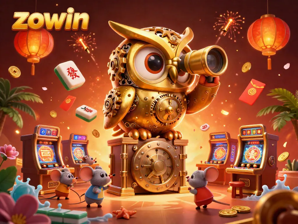 Experience the electrifying vibe of Zowin, showcasing a dynamic casino scene with a golden owl and animated mouse patrons.