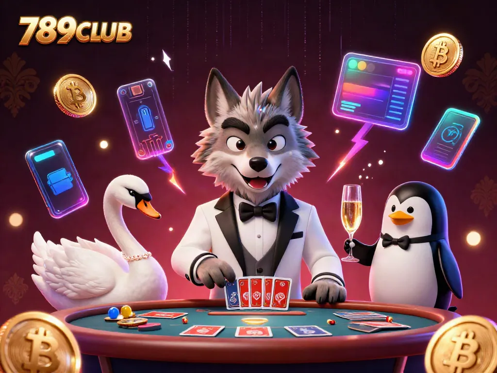 Experience thrilling gameplay at 789CLUB featuring a debonair wolf at baccarat and crypto elements.