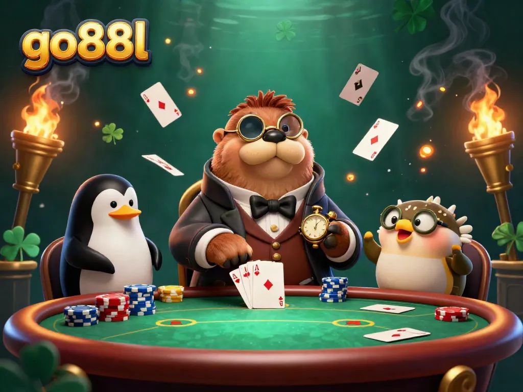 Engage with go88l's immersive poker experience featuring a walrus in Victorian attire at an underwater casino table.