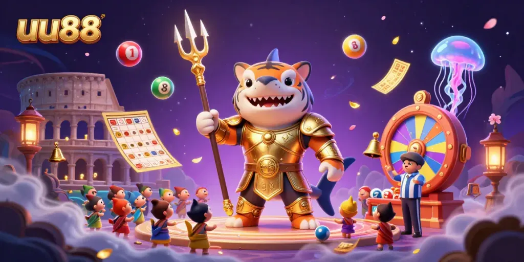 Experience the thrilling world of uu88 with a vibrant underwater betting scene featuring a tiger shark in gladiator armor.