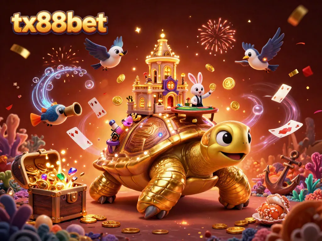 Experience the excitement of tx88bet with a golden tortoise casino, coins, and dynamic dealers.