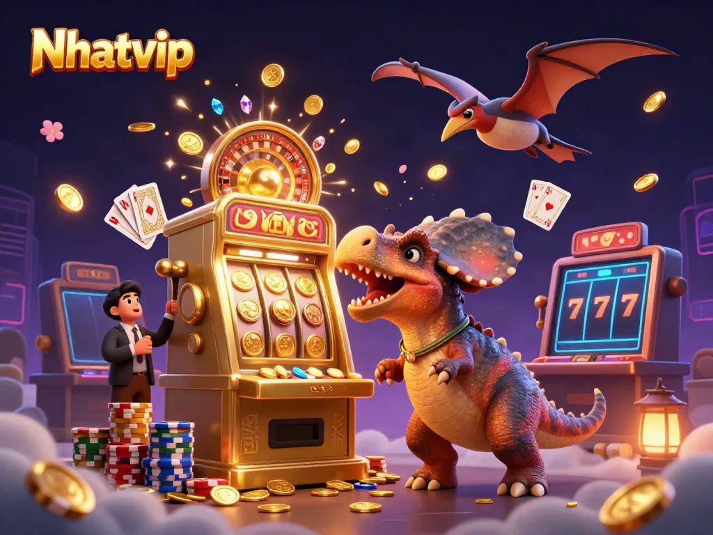 Nhatvip casino scene with a dinosaur winning on a slot machine amidst cascading coins