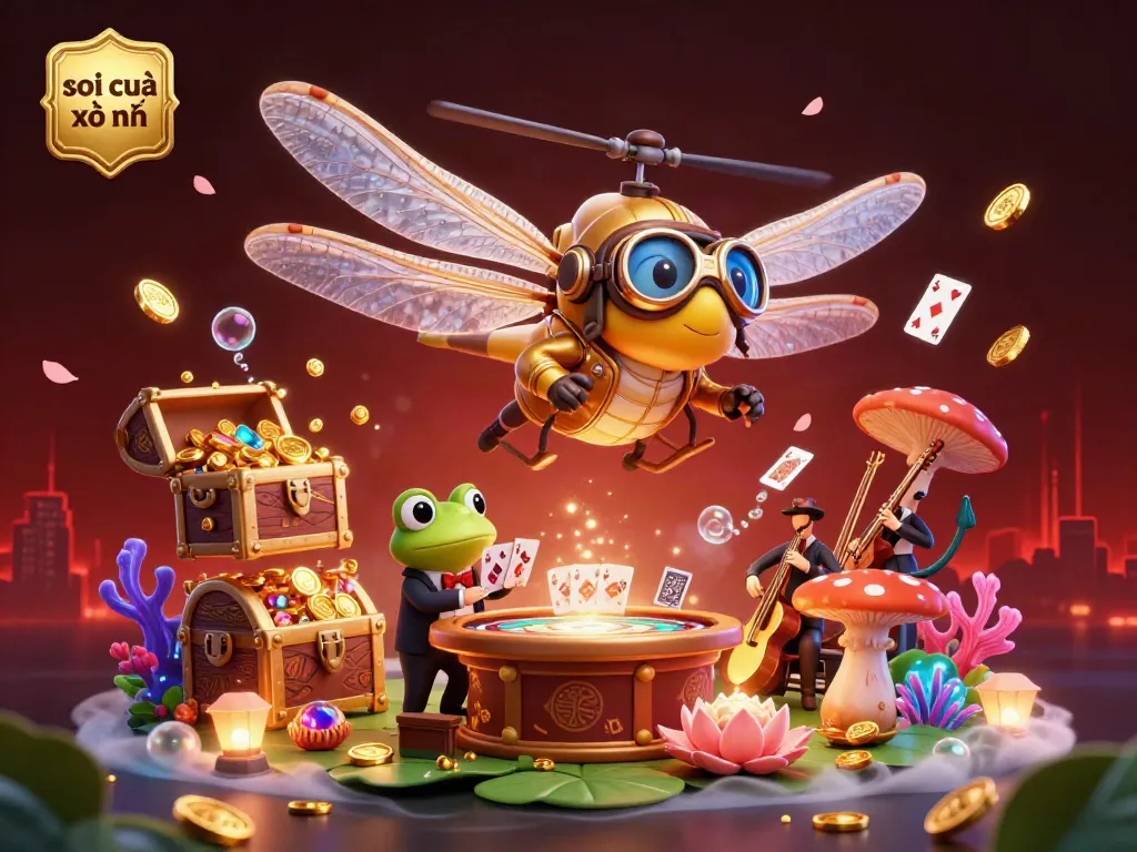 Engaging scene of soi cầu xổ số with a dragonfly pilot, frog croupier, and vibrant casino elements.