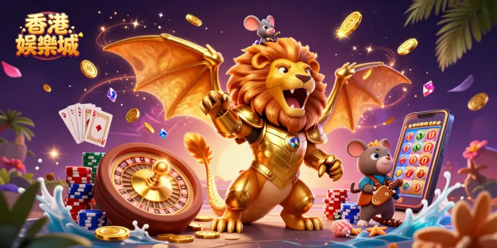 Experience the thrill of 香港娛樂城 with a roaring chimera and vibrant casino elements.