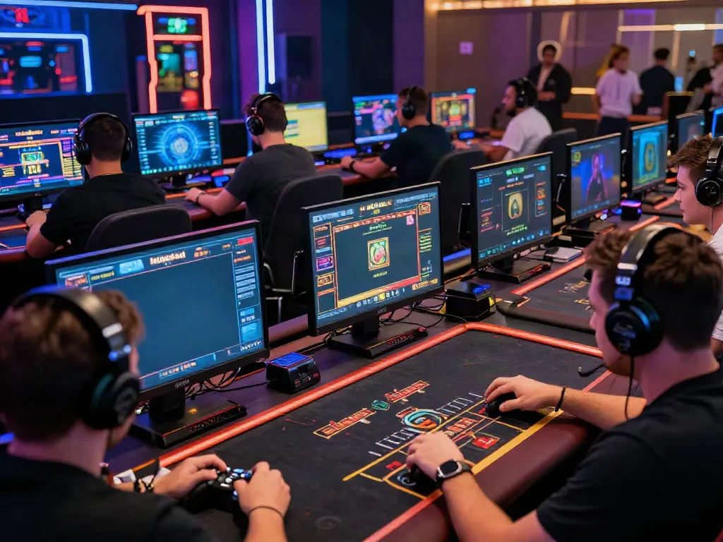 Exciting online gambling atmosphere at MAN88 with players engaged and vibrant digital screens.