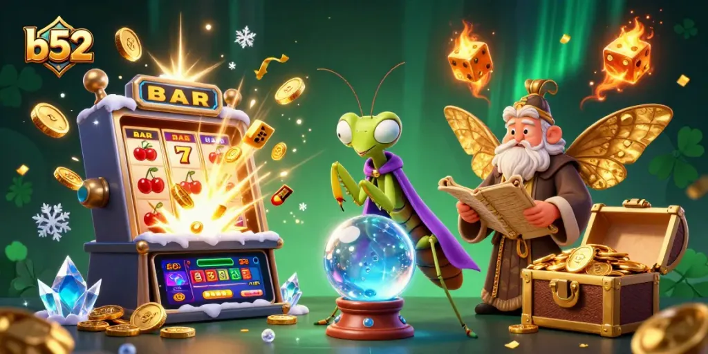 Engage with the b52 casino world featuring a whimsical fortune teller and slot machine magic.