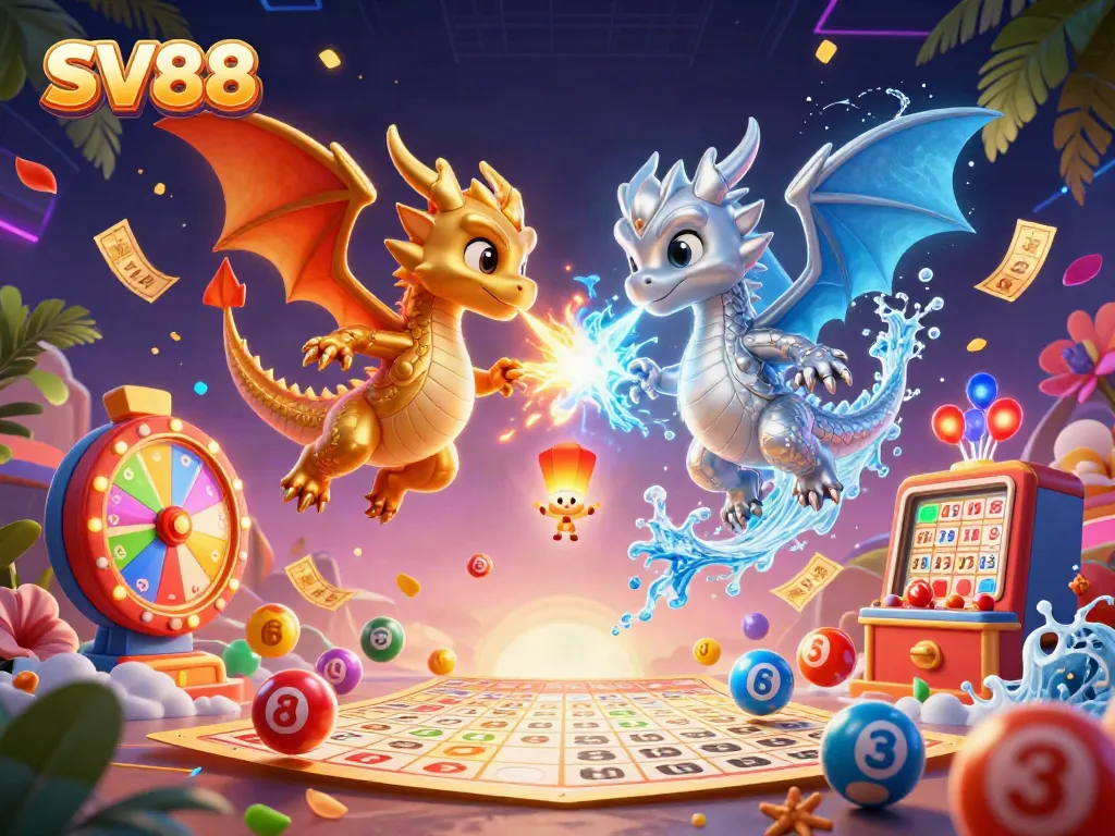 Experience thrilling gameplay with SV88 as twin dragons unleash fiery and icy power amidst a dynamic gambling scene.