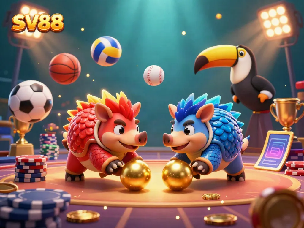 Engage with SV88's dynamic casino environment featuring animated pangolins and vibrant sports elements.