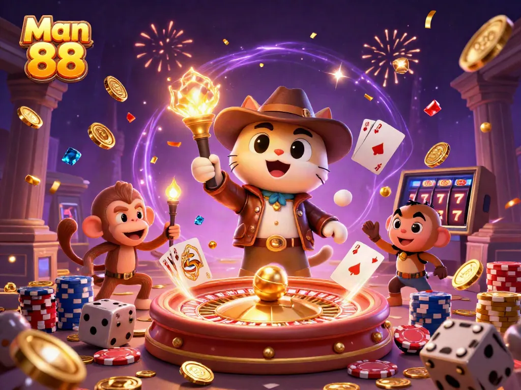 Engaging scene of the Man 88 mascot discovering a casino artifact, surrounded by dynamic casino elements.