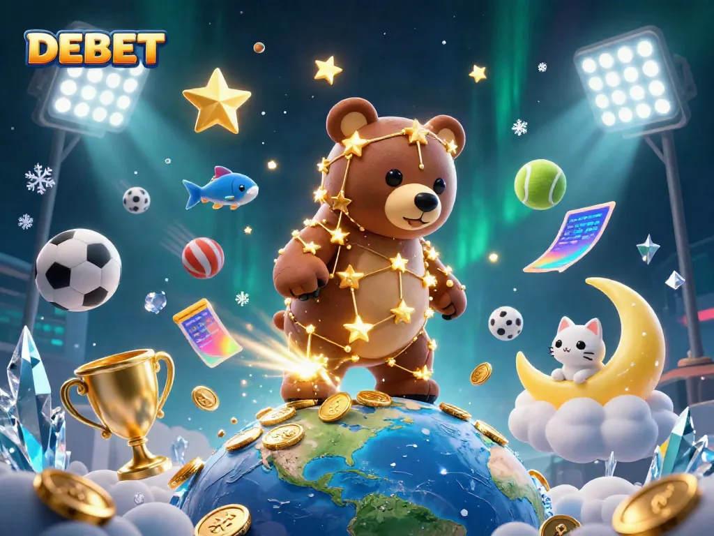 Engaging 3D illustration of DEBET casino scene showcasing the constellation bear collecting coins amidst dynamic sports elements.