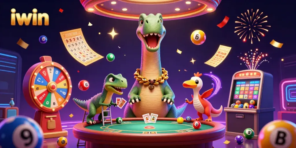 Join the excitement at iwin with a colorful lottery scene featuring a giant brontosaurus, raptor dealer, and energetic game elements.