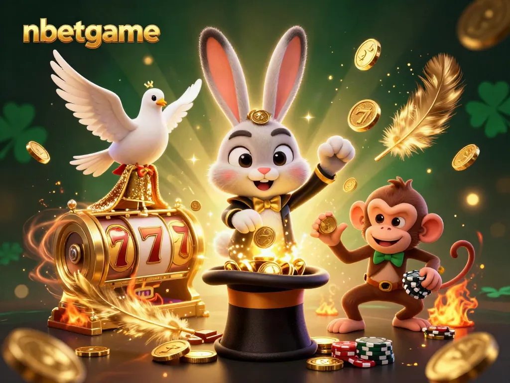 Experience nbetgame's magic with a 3D illustration of a rabbit and friends pulling coins amidst casino elements.