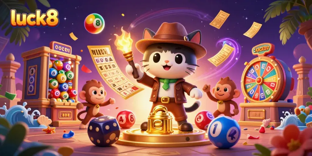 Experience the thrill of luck8 with a dynamic scene of colorful lottery balls and a treasure-hunting cat.
